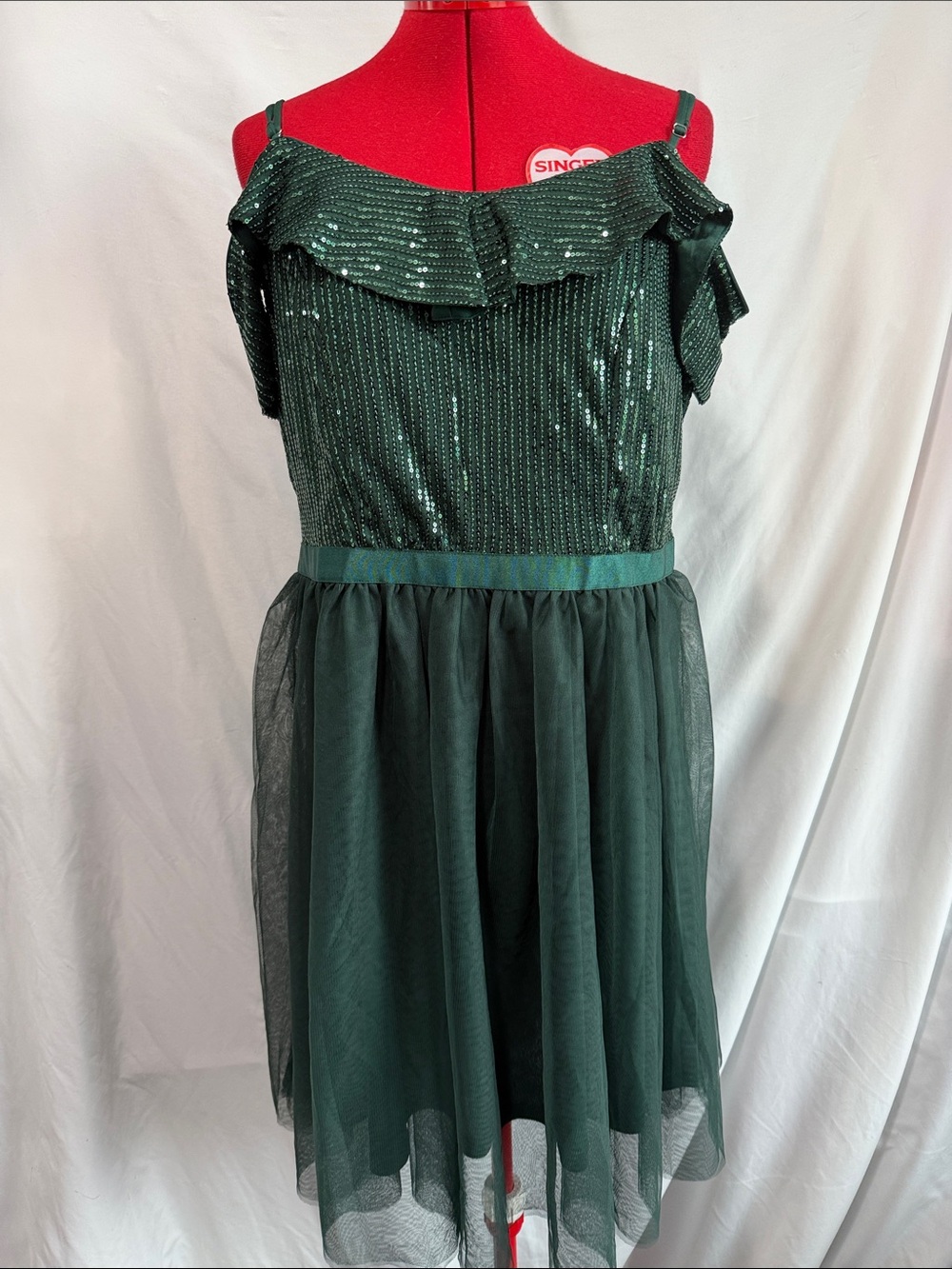 Green Sequin Midi Dress with Ruffle Neckline